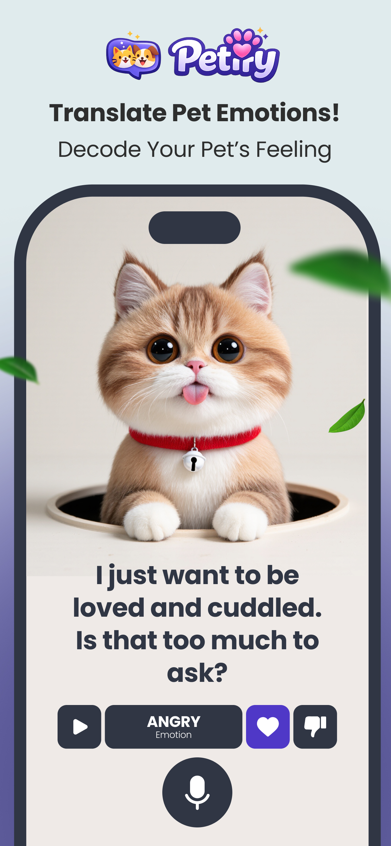 Petify AI pet translator app interface showing pet translation on a phone screen