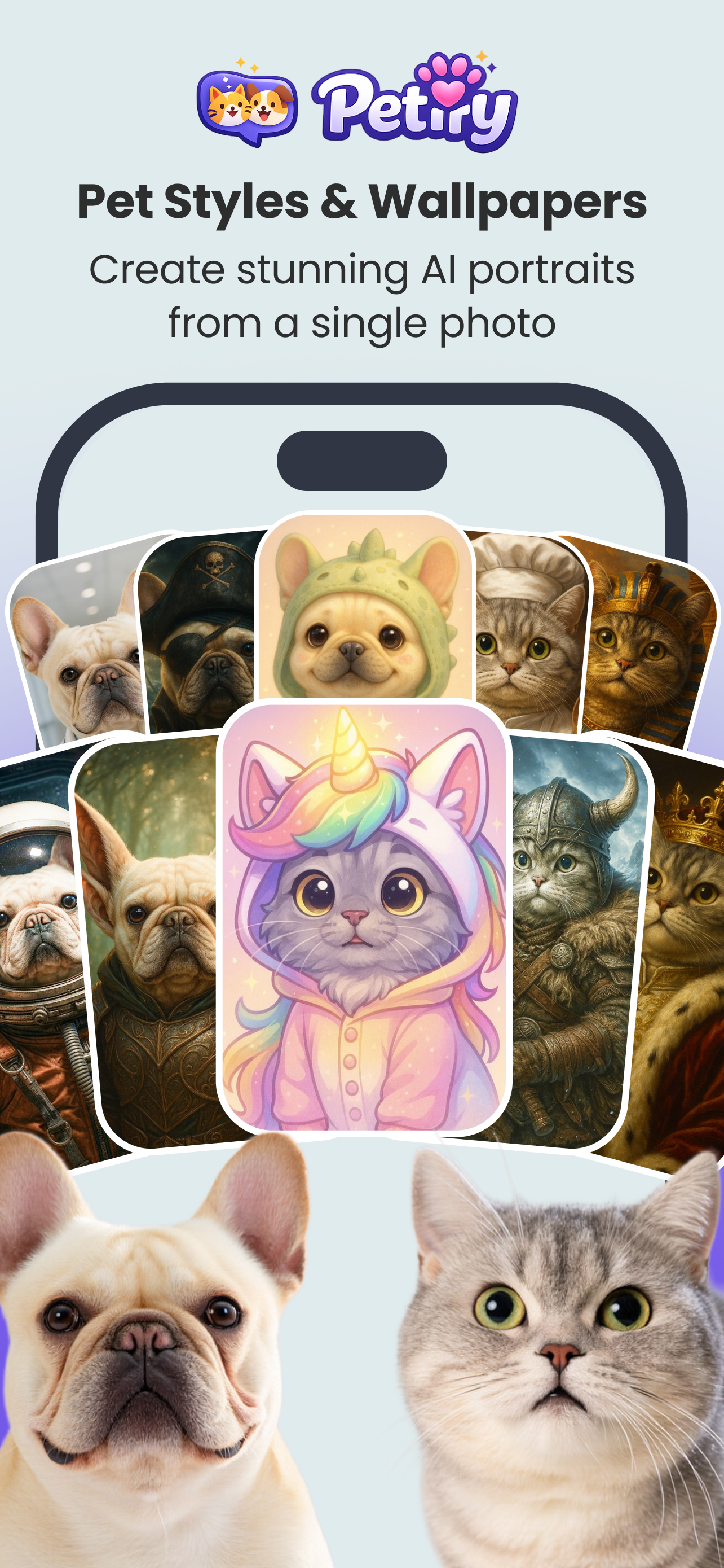 Petify AI pet photo editor interface with playful editing tools